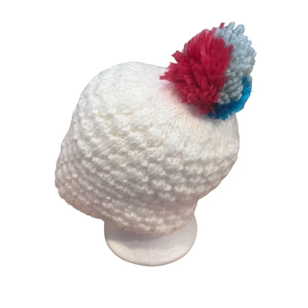 Burton White Knit Cap Pink Blue Pom Pom